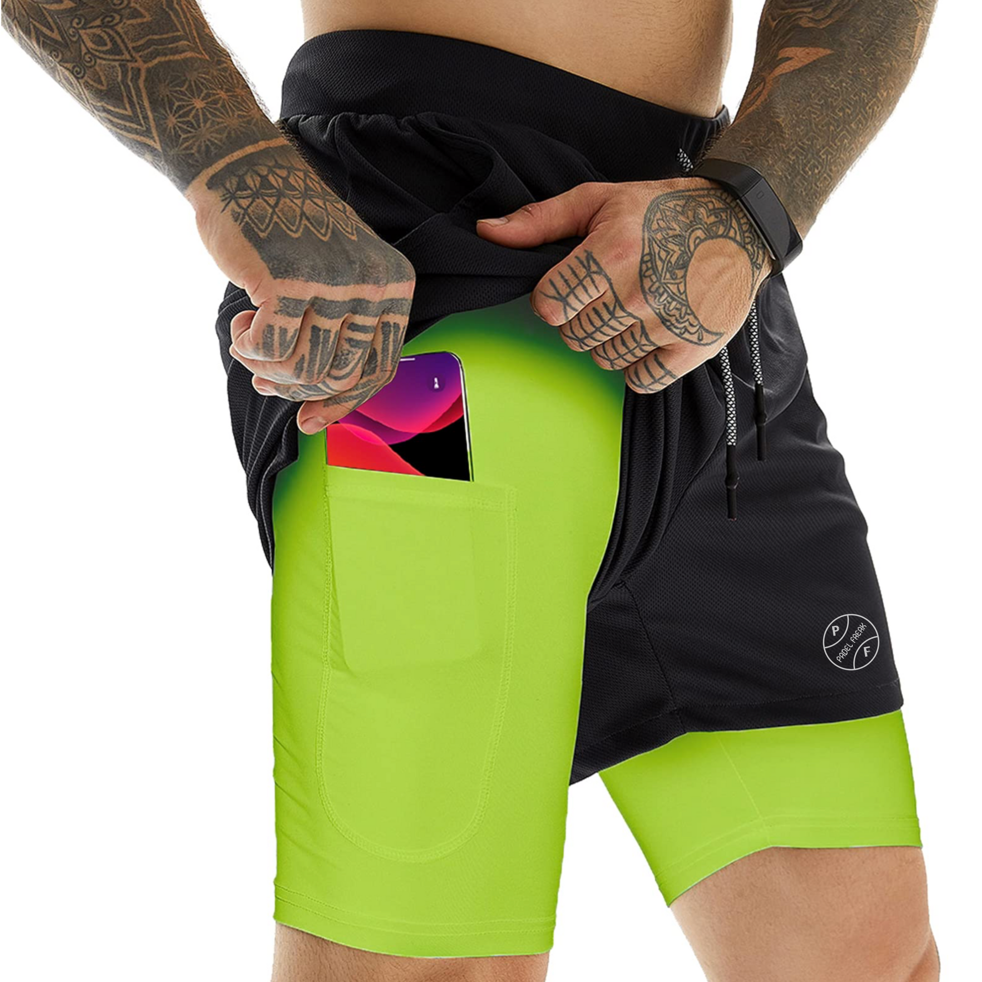 Men's 2-in-1 Athletic Shorts with Pockets, Zips & Hidden Phone Pocket – Black + Neon Green