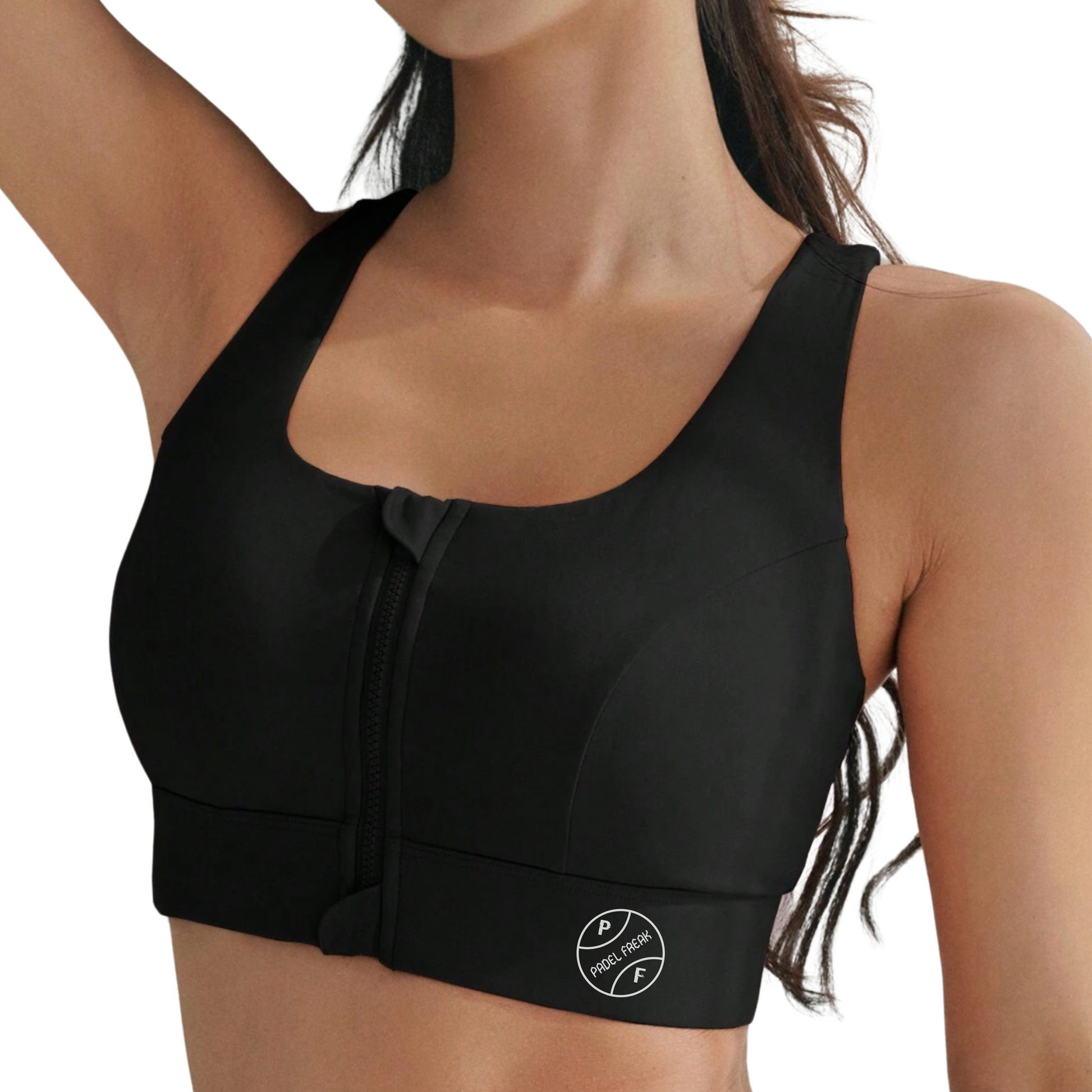 Women's Mid-Impact Front Zip-Up Sports Padel Bra – Black