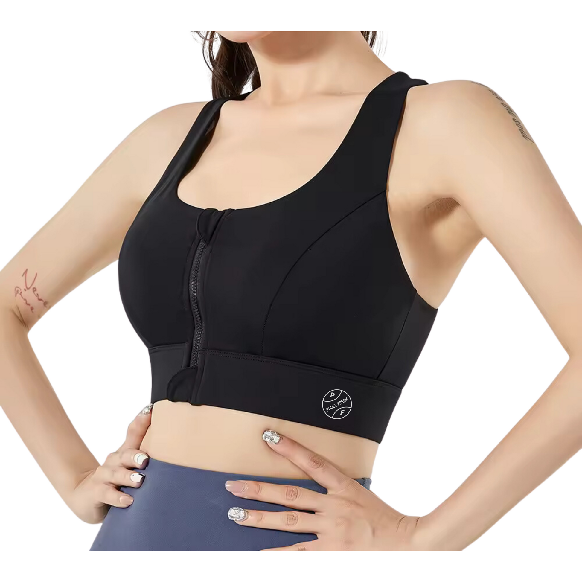 Women's Mid-Impact Front Zip-Up Sports Padel Bra – Black