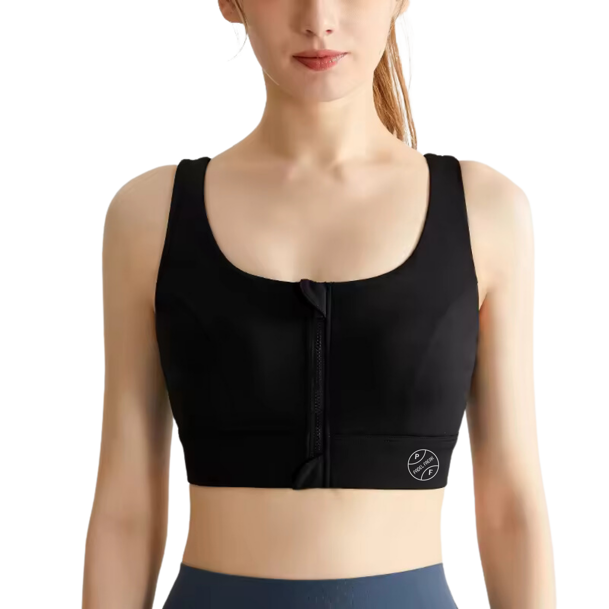 Women's Mid-Impact Front Zip-Up Sports Padel Bra – Black