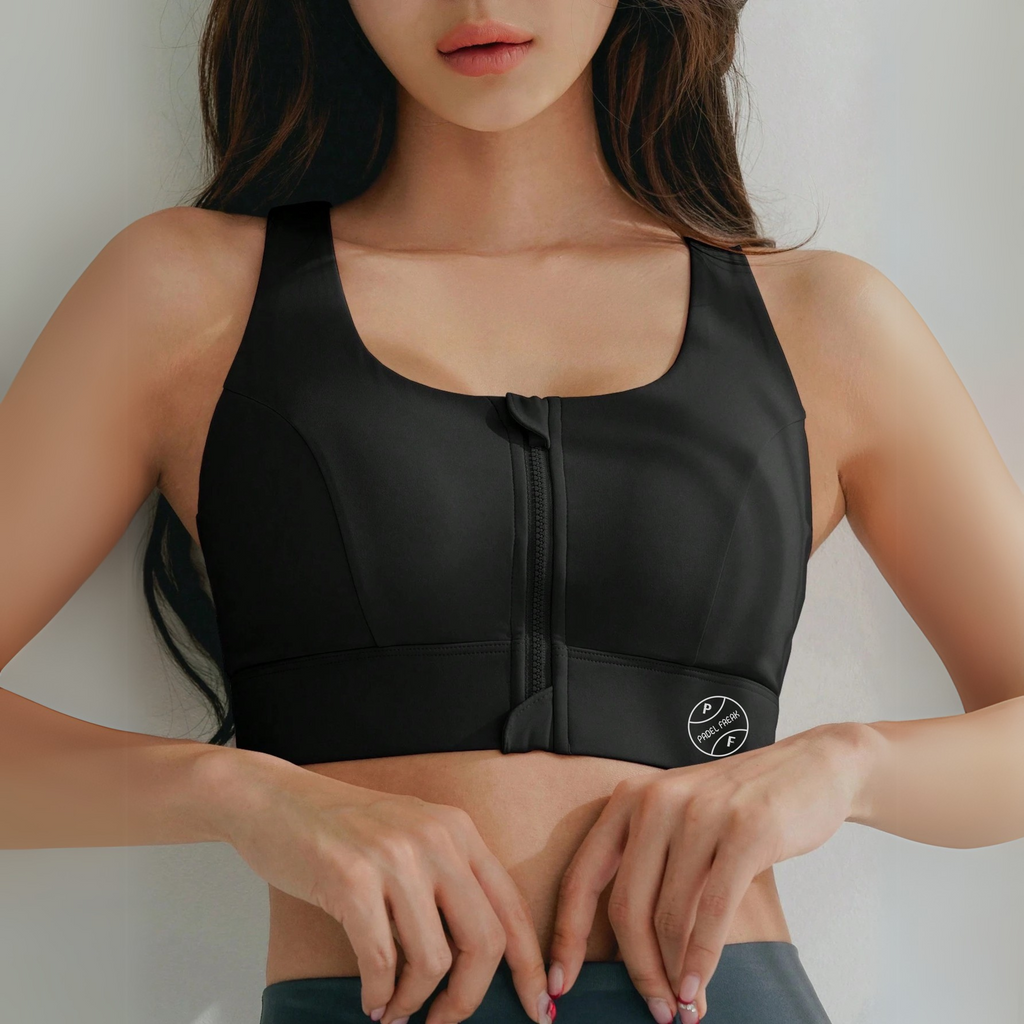 Women's Mid-Impact Front Zip-Up Sports Padel Bra – Black